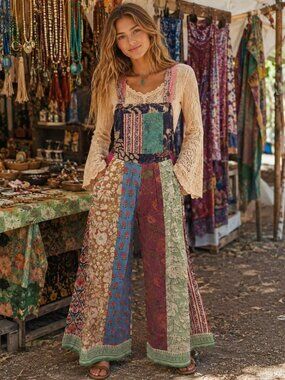 NWT Cotton Traveler Lounge Patchwork Overalls-Small